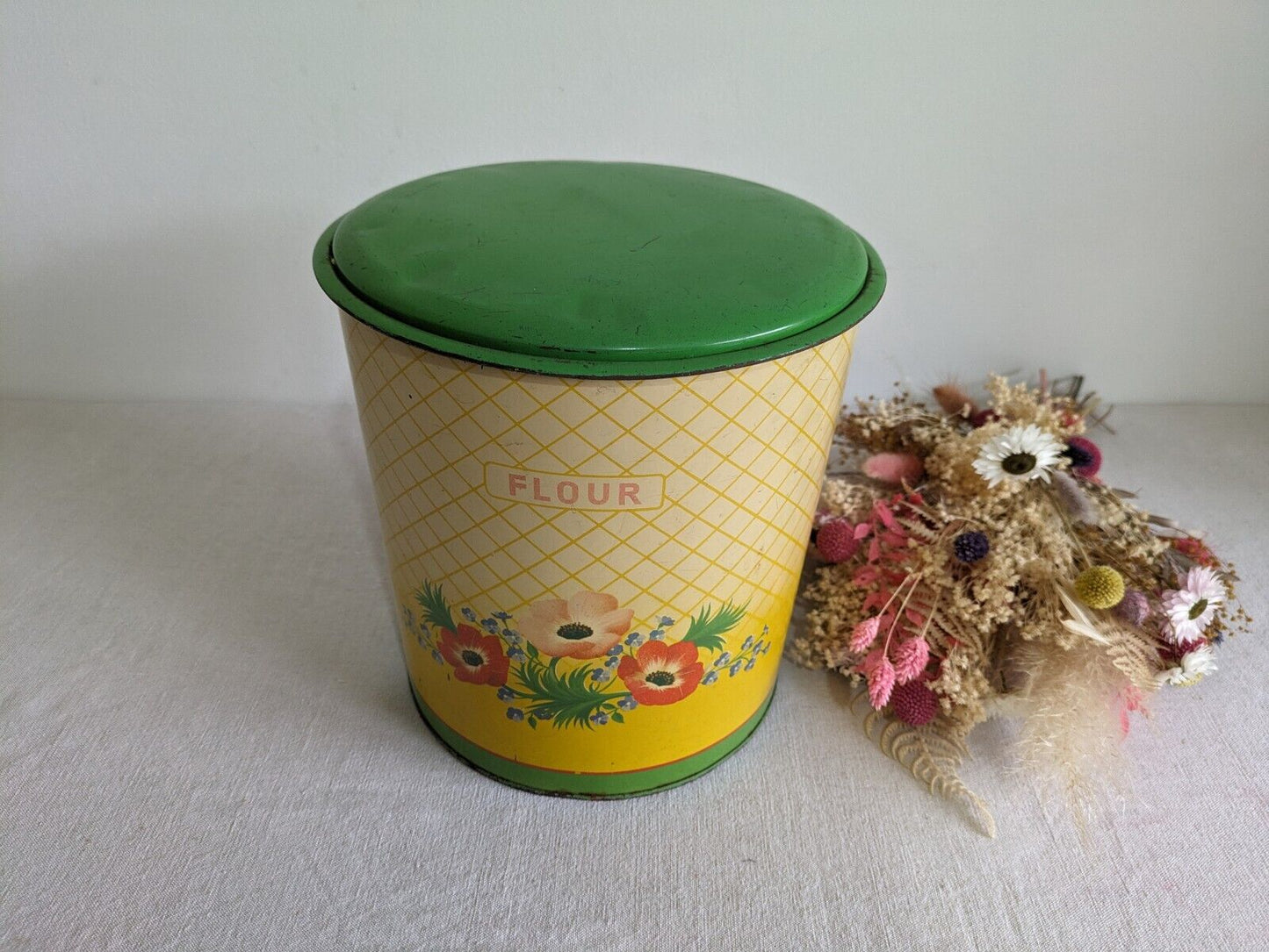 Vintage 1930s 40s Handiware Large Flour Storage Tin / Canister Rare Prop Kitchen