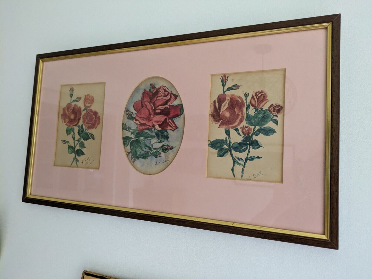 1921 Signed Antique Rose Painting By W H Day Frame Pink Mount W H Day Artist Vgc