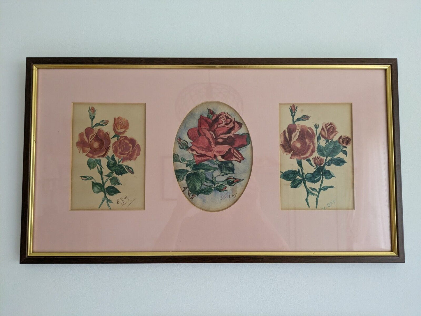 1921 Signed Antique Rose Painting By W H Day Frame Pink Mount W H Day Artist Vgc