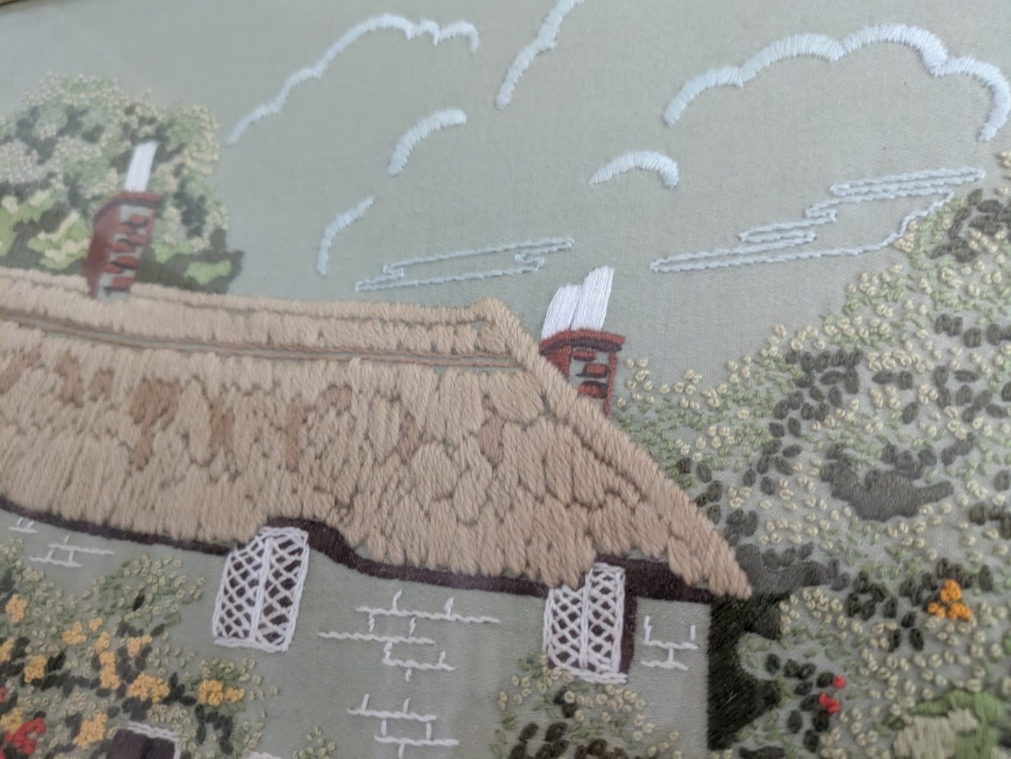 Vintage Old Needlework Crewel Stitchwork Crochet Cottage House Picture English