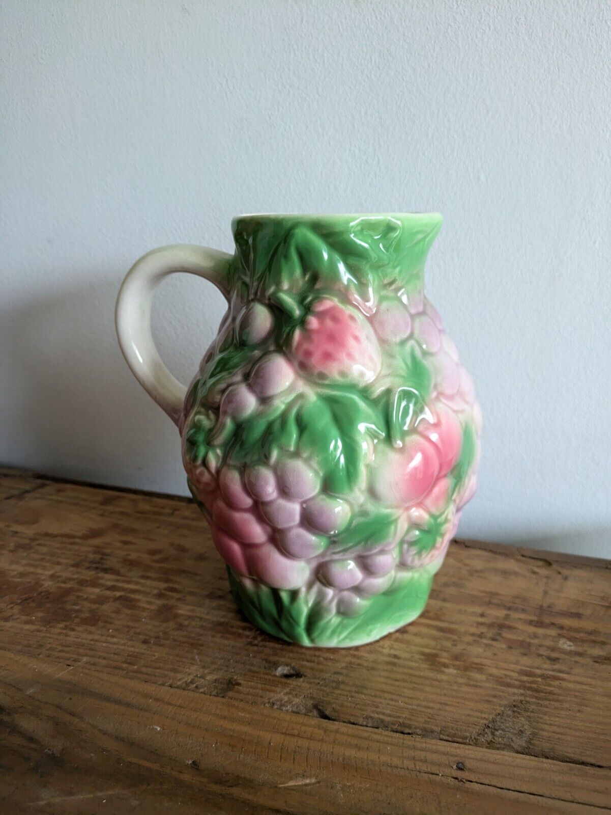 Large Vintage Salins Les Bains-style Barbotine Majolica Fruit Pattern Jug 19cm