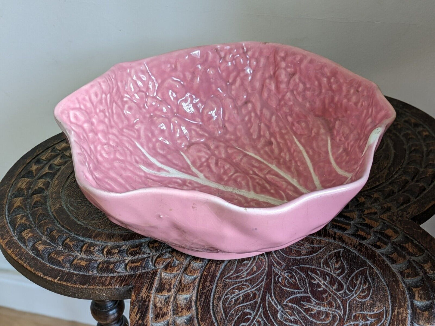 Vintage Faianca Subtil Pink Cabbage Large Leaf Vegetable Bowl Portugal Serving