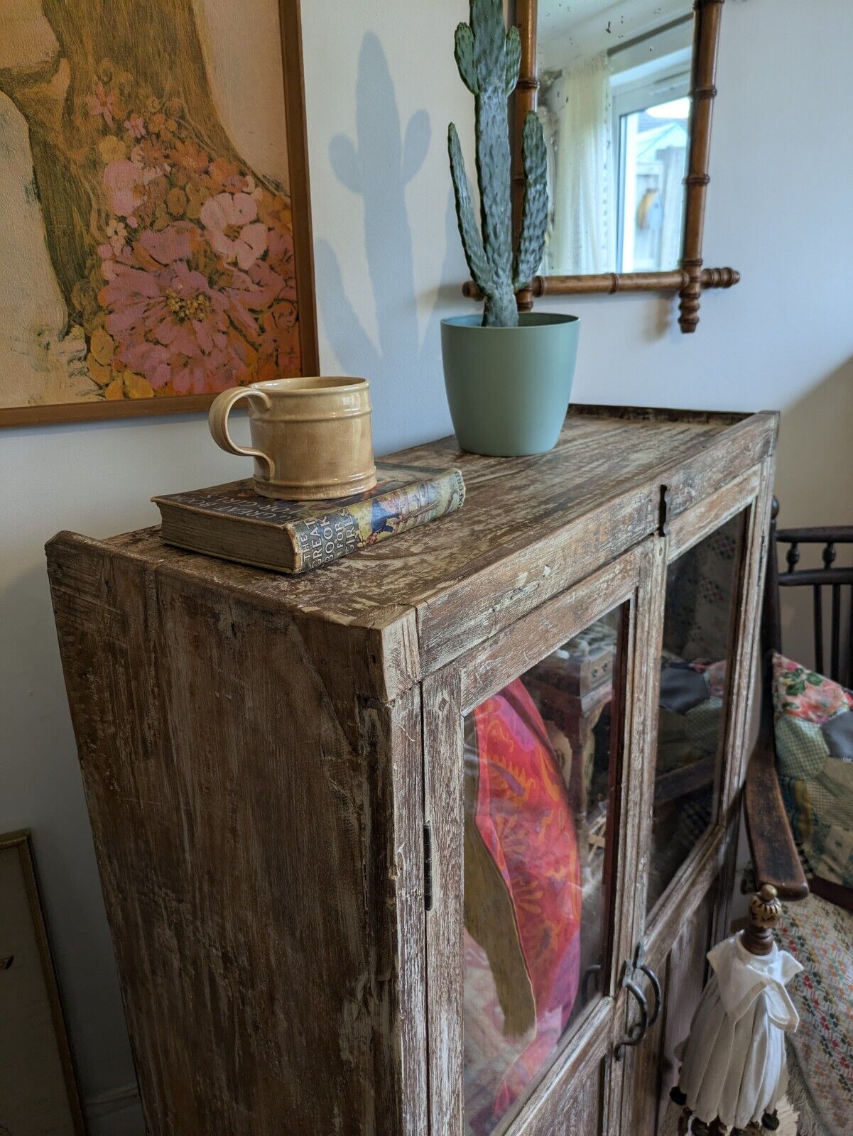 Restored Antique VTG Wood Indian Cabinet Cupboard Paint Glazed Reclaimed Rustic