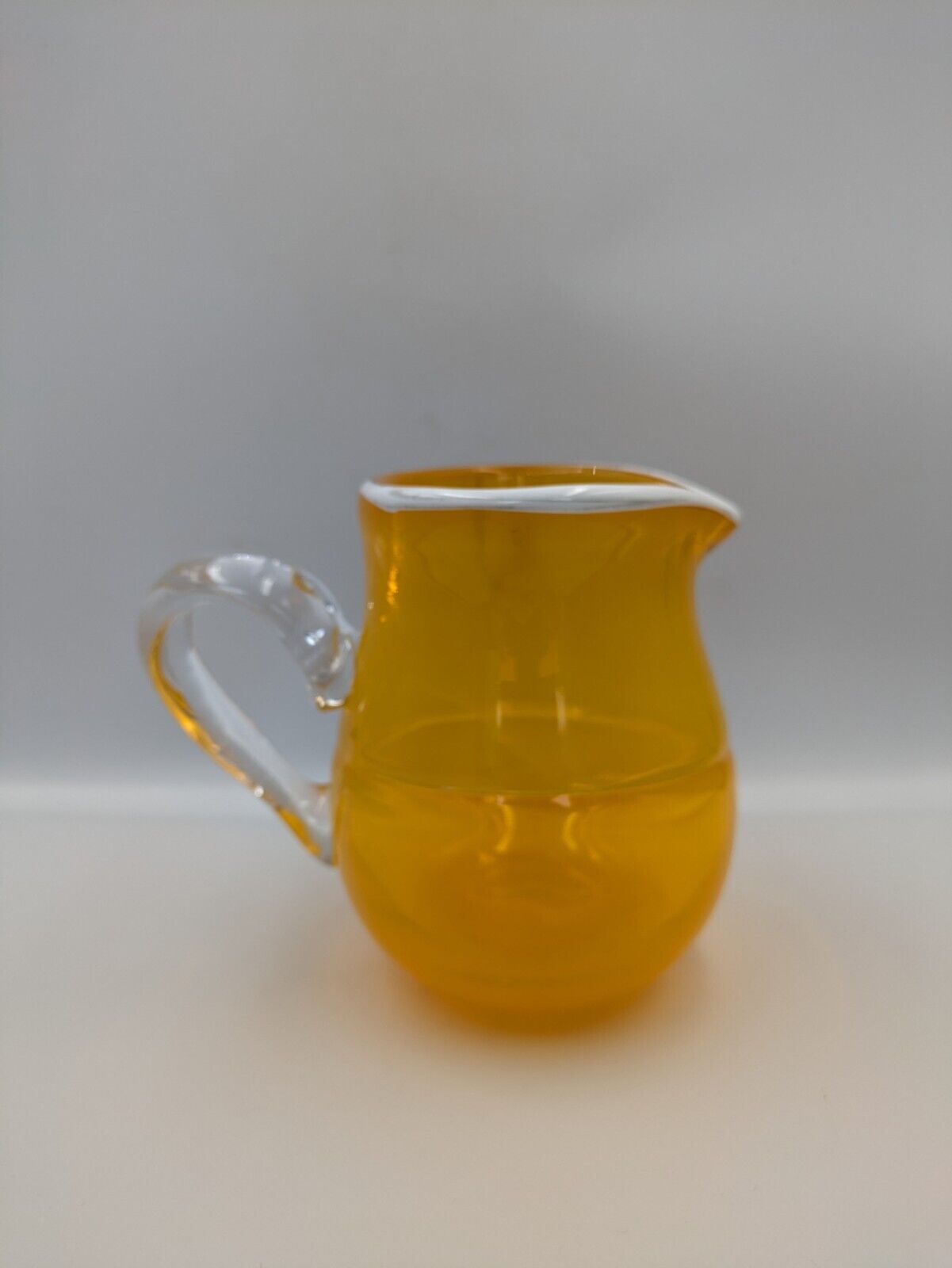 Hand Blown Glass Yellow Pinch Pitcher Applied Handle White Rim American Rare Vgc