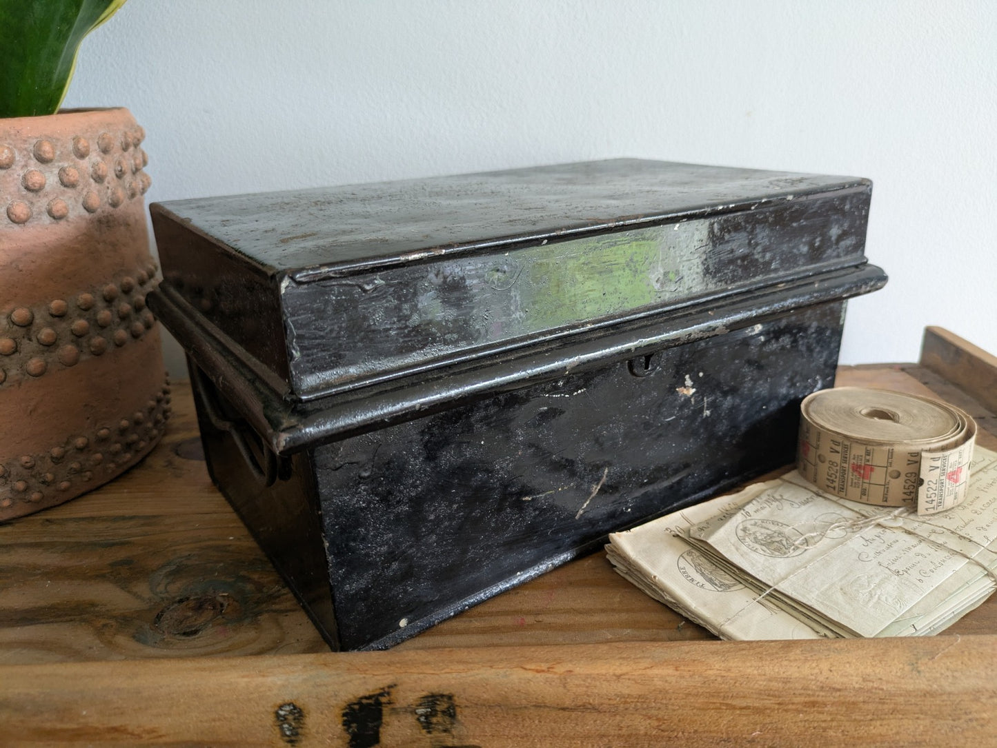 Vintage Metal Box Document Deed BOX Black Latch Hinged Lid Medium Cash Tin File