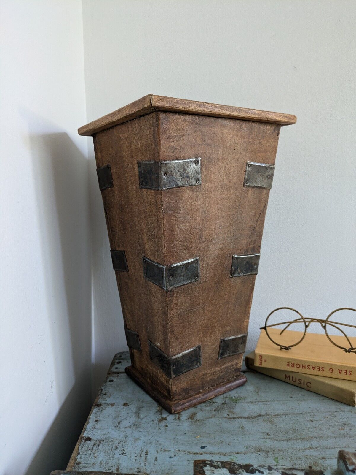 Vintage Old Handcrafted Iron Fitted Wooden Flower Pot / Planter Collectible Tall