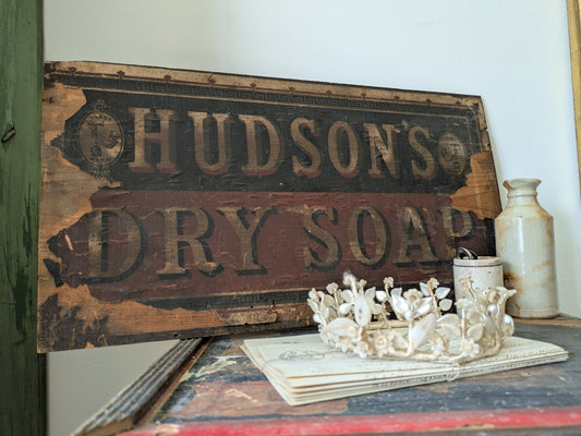 ANTIQUE ORIGINAL HUDSON'S DRY SOAP BOX LID SIGN PICTURE PLAQUE ADVERTISING WOOD