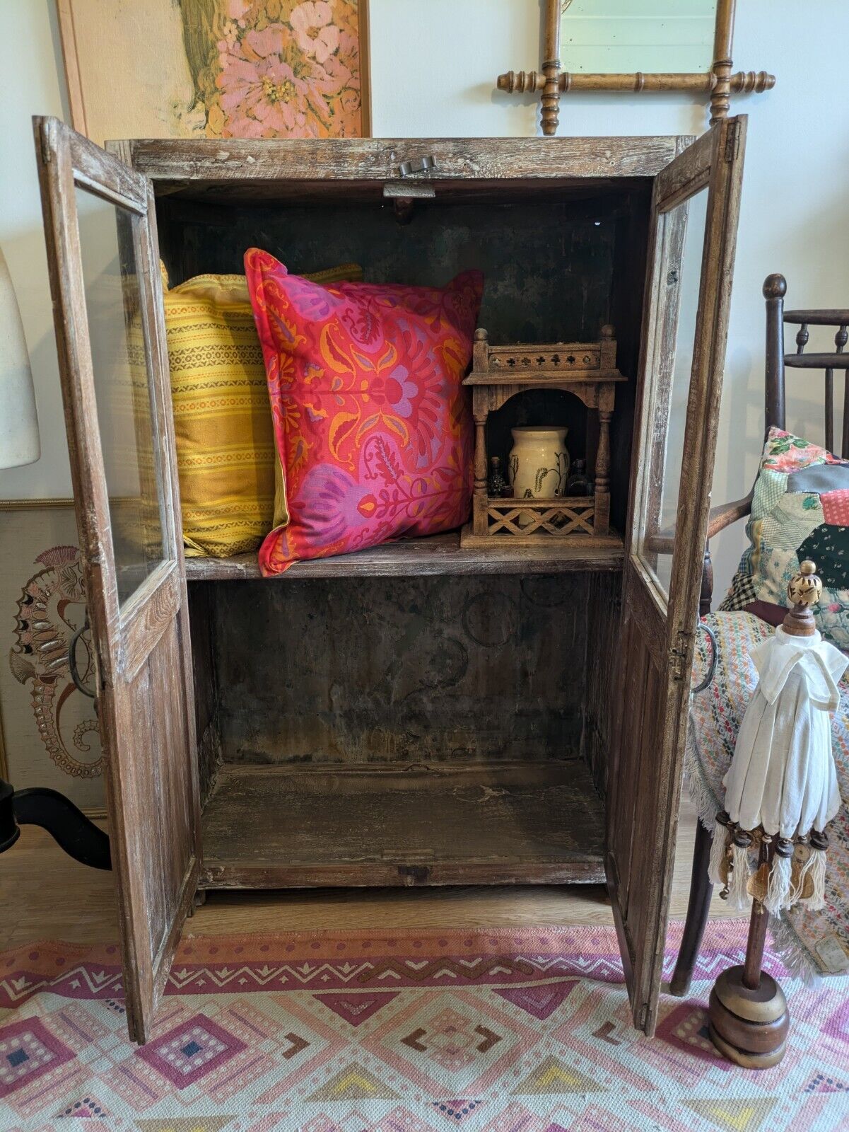 Restored Antique VTG Wood Indian Cabinet Cupboard Paint Glazed Reclaimed Rustic