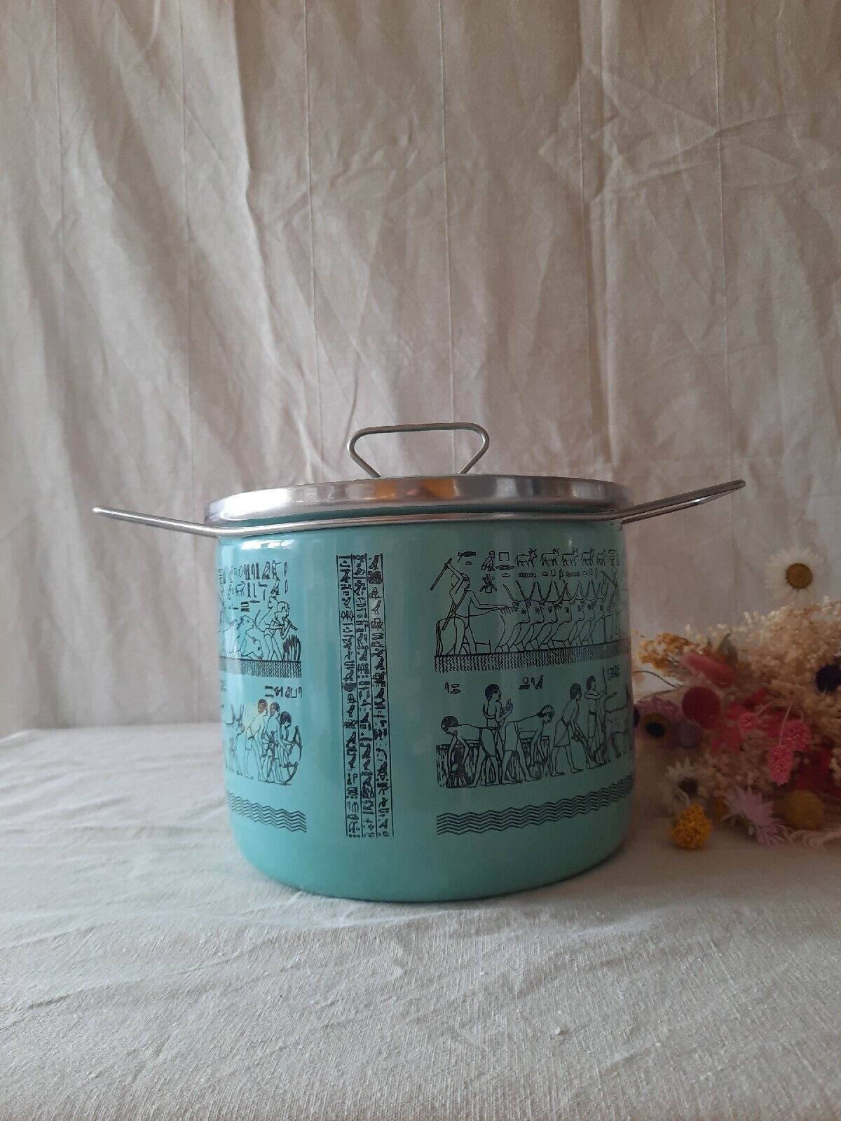 XL Pot in Metal Enamelled Turquoise Duck Egg Siltal Egyptian Design Vtg Retro MC