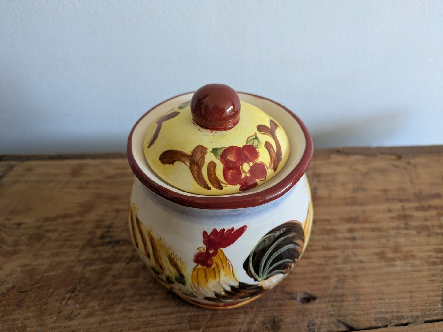 Provincial Rooster French Pottery Farmhouse Kitchen Canister Pot Lid Jar Painted