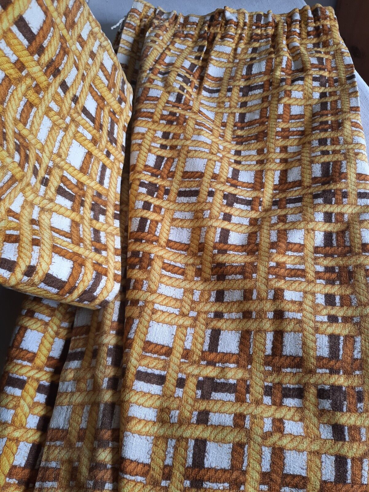 Pair of barkcloth Curtains Rope rare retro vintage braided trompe-l’oeil Rare