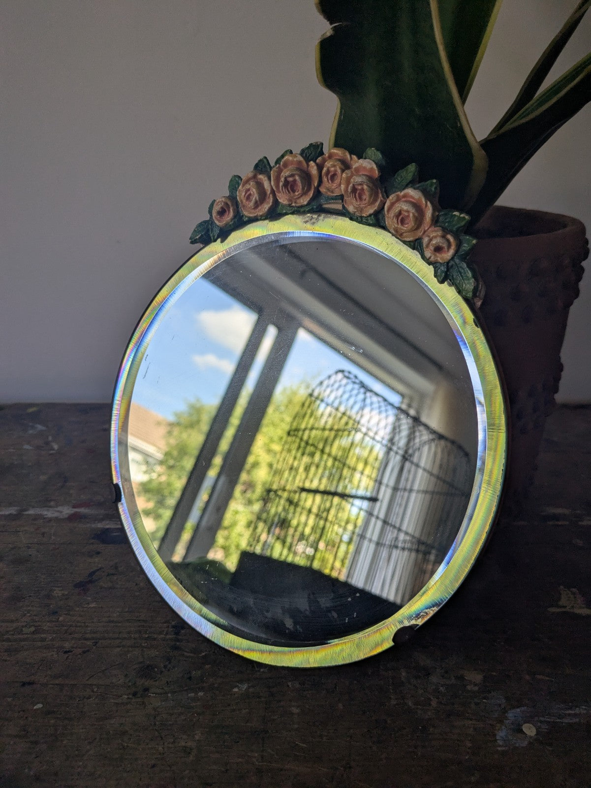 Vintage Barbola Mirror Circa 20s 1930s art deco floral antique Round bevel edge
