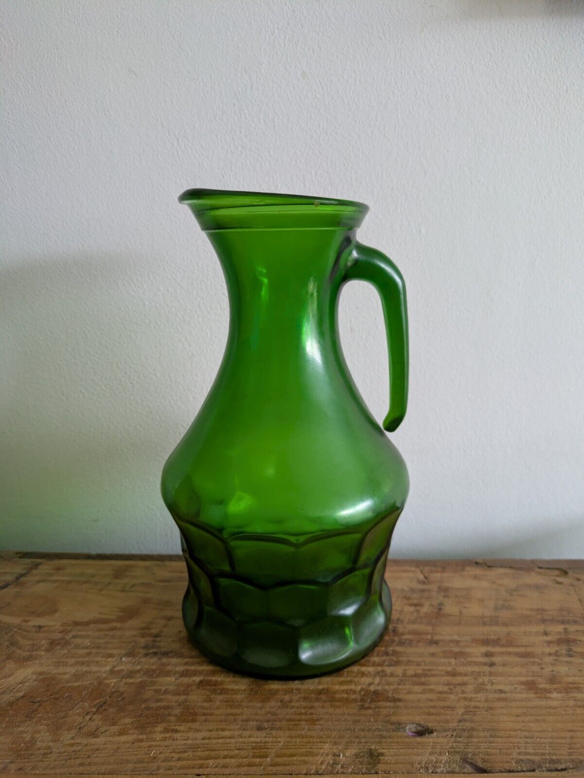 Vintage Italian Bormioli Green Glass Carafe Pitcher Vase Honeycomb Pattern Prop