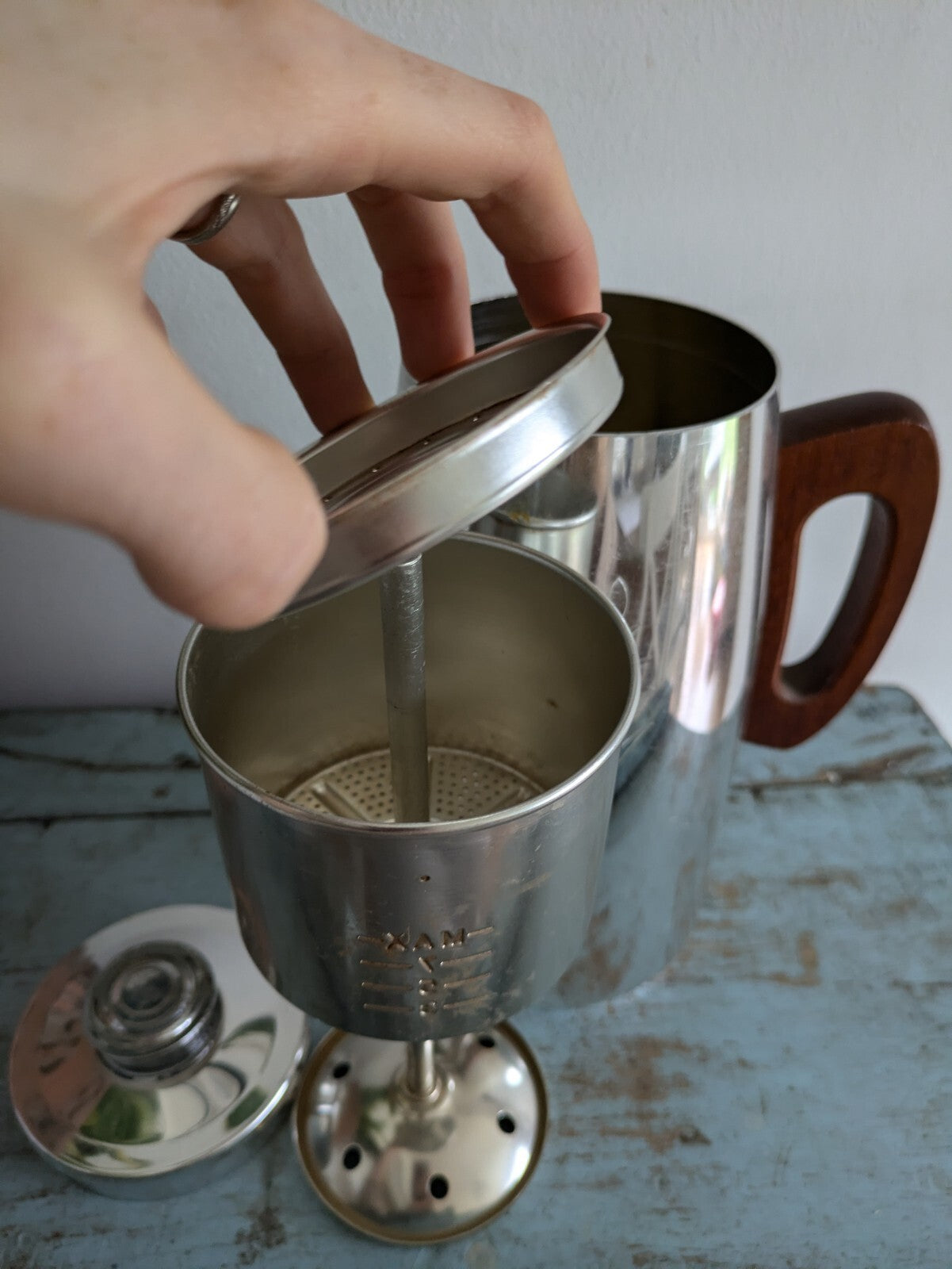 Vintage SONA J121 Coffee Pot Percolator Chrome Wood Handle Complete 70s Prop