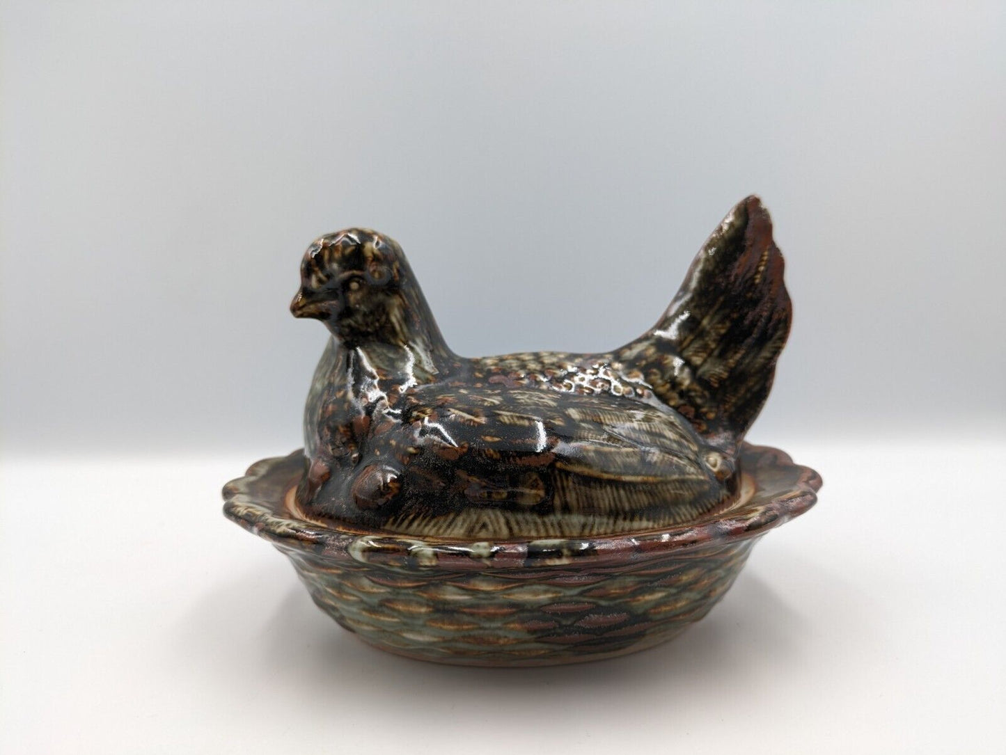 Antique Victorian Brown pottery Hen on Nest egg crock Tureen Terrine Egg Holder