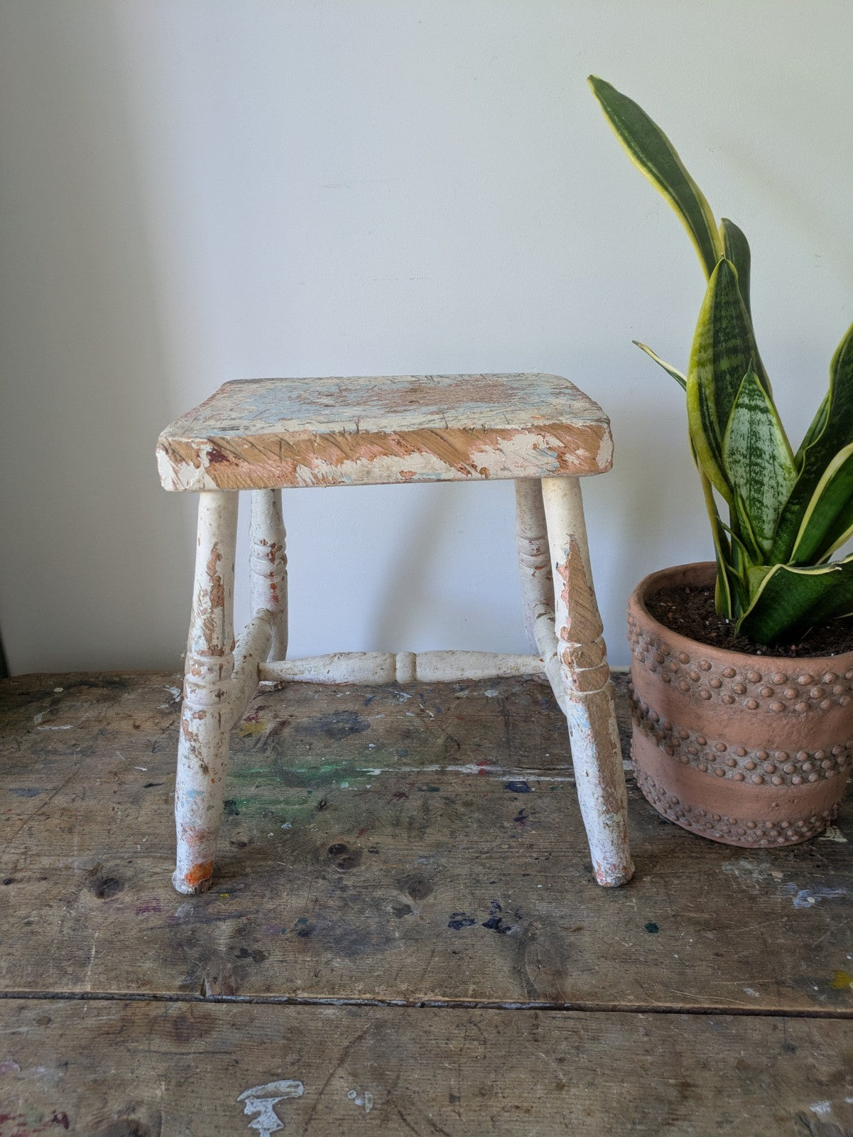 Victorian Antique Foot Stool Chippy Paint original seat chair Vtg Milking Step