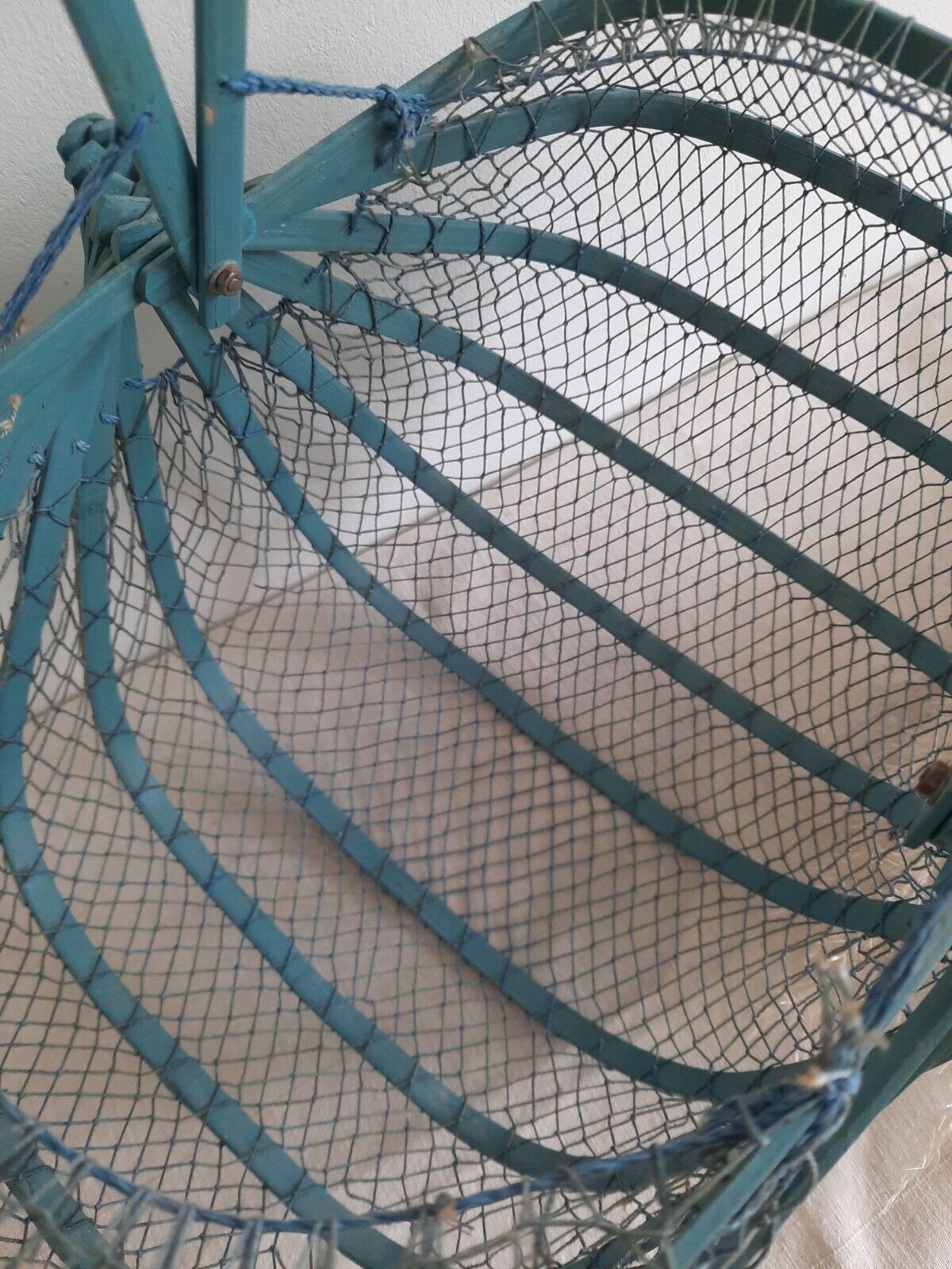 Vintage French Folding Bentwood Fishnet Basket Retro Handbag Blue 1950s Rare Old