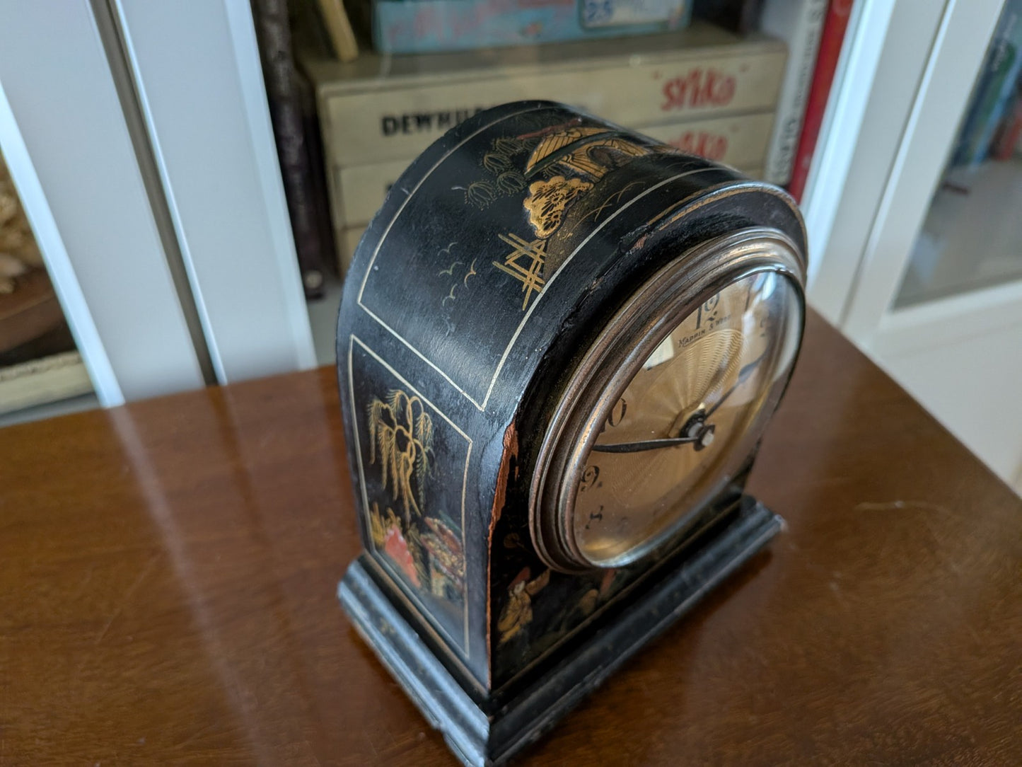 Vintage Antique Mappin And Webb Chinoiserie Chinese Black Lacquered Mantle Clock