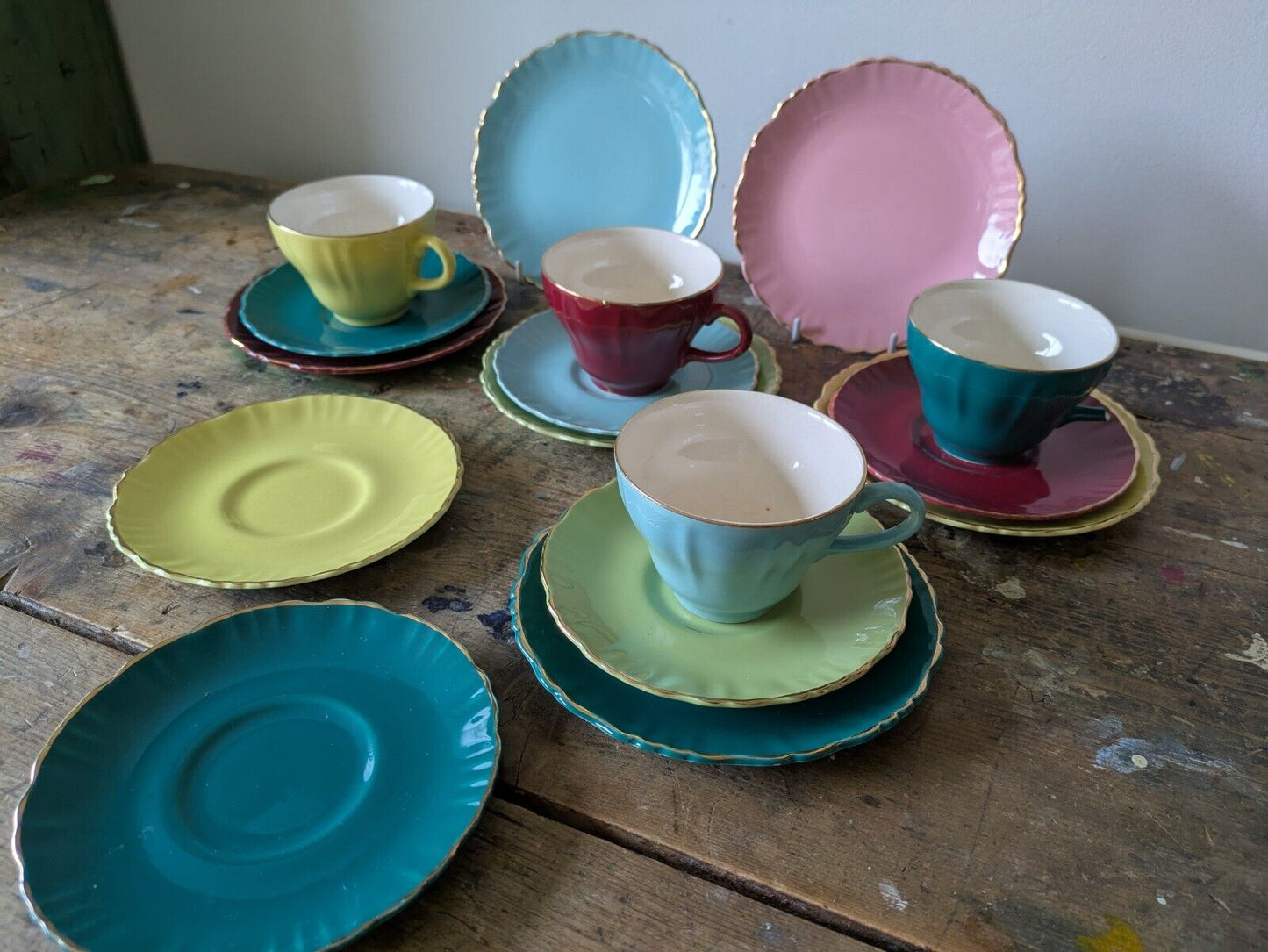Rare tea set of 4 trios, cups, saucers & side plates Old Foley Gaiety 6720 Extra