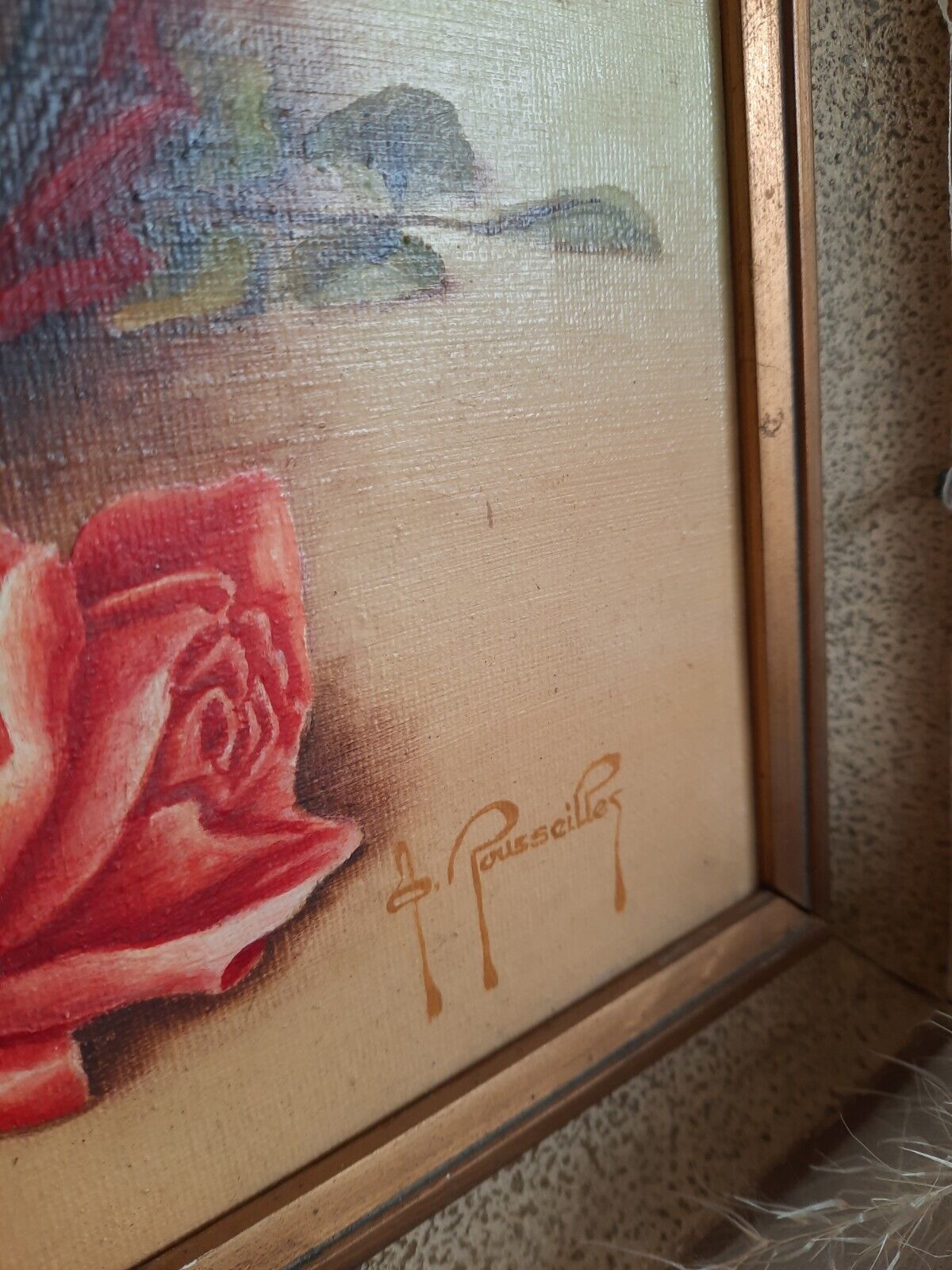 1950's Painting Floral Bouquet Picture frame vintage Shabby Chic Still Life Old
