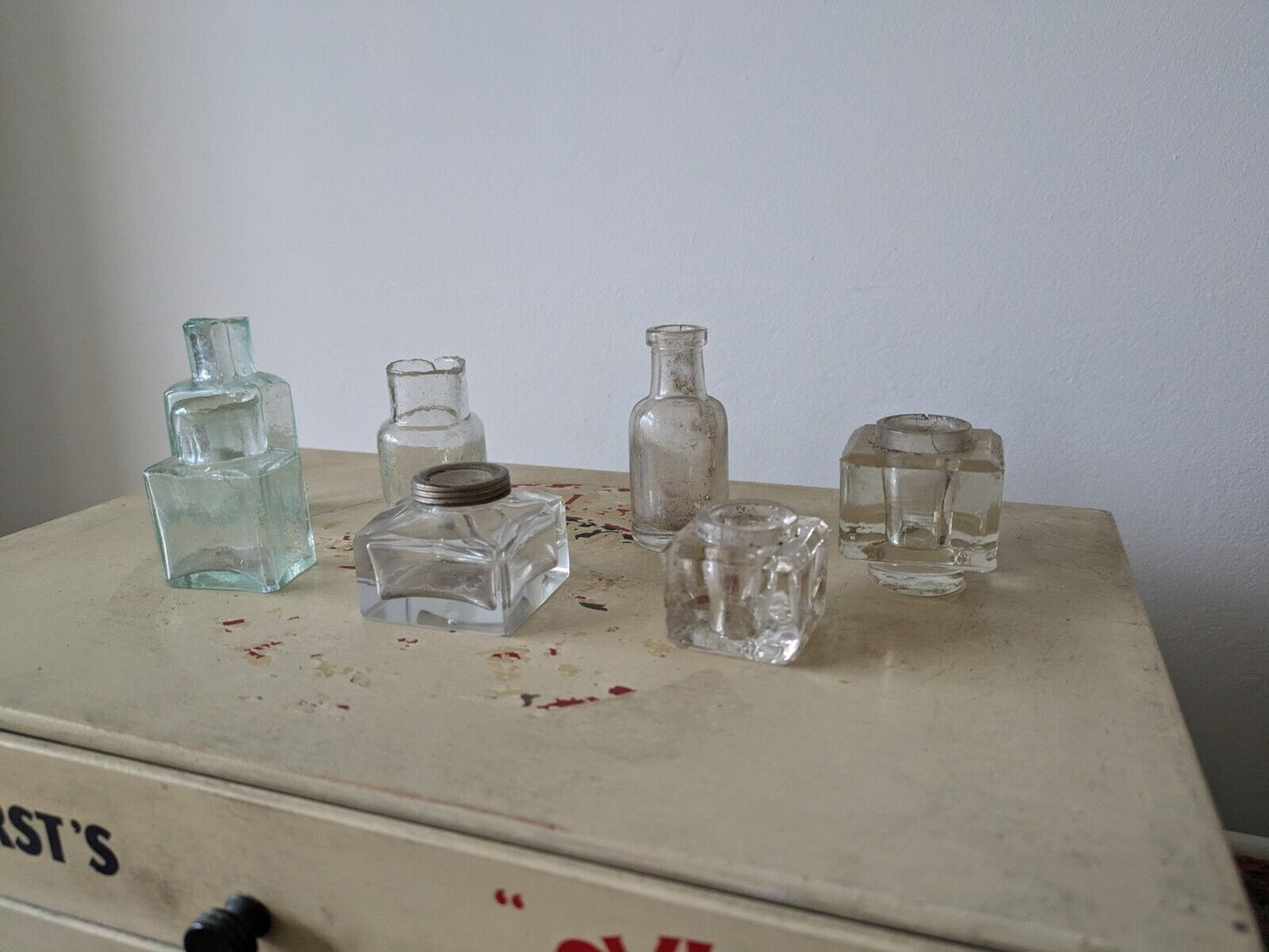 7x Antique Vintage Glass Bottles vase flower original apothecary ink old Bell