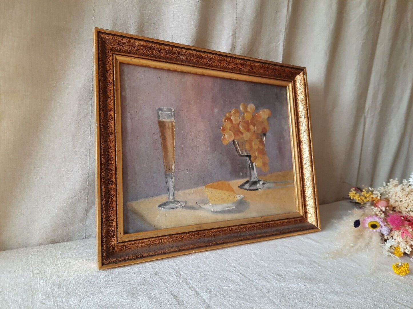 1960 original Madame Cliente Garay Grapes Wine Cheese Still Life Painting Framed