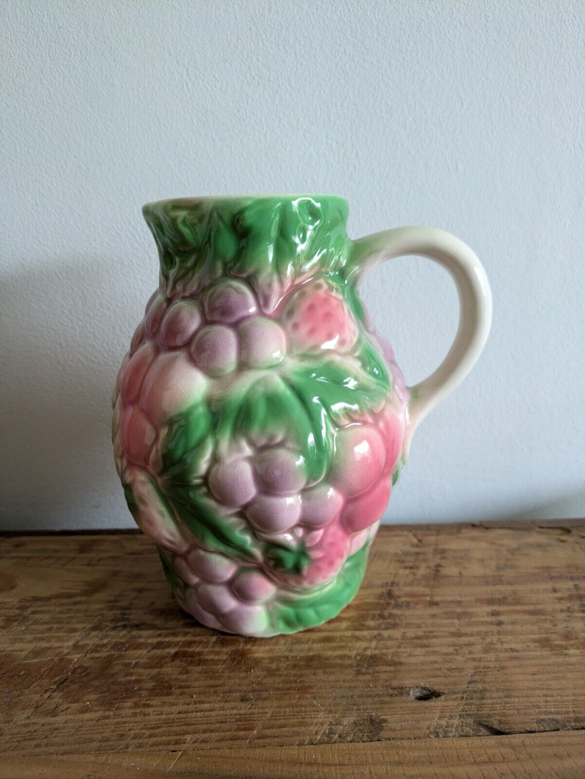 Large Vintage Salins Les Bains-style Barbotine Majolica Fruit Pattern Jug 19cm