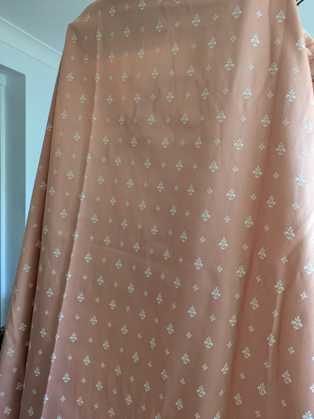 Pair Vintage Pink 80s Shabby Chic Salmon Fleur De Lys Curtains VTG Style Pretty