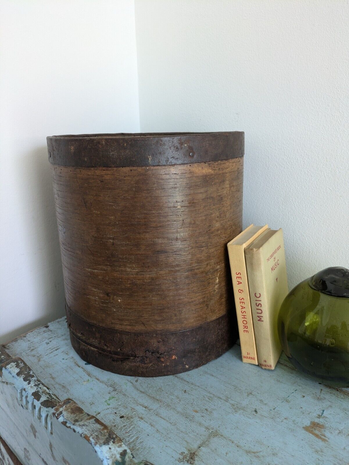 Vintage Bentwood Primitive Heavy Iron Grain Measure Pot Handmade Banded Metal