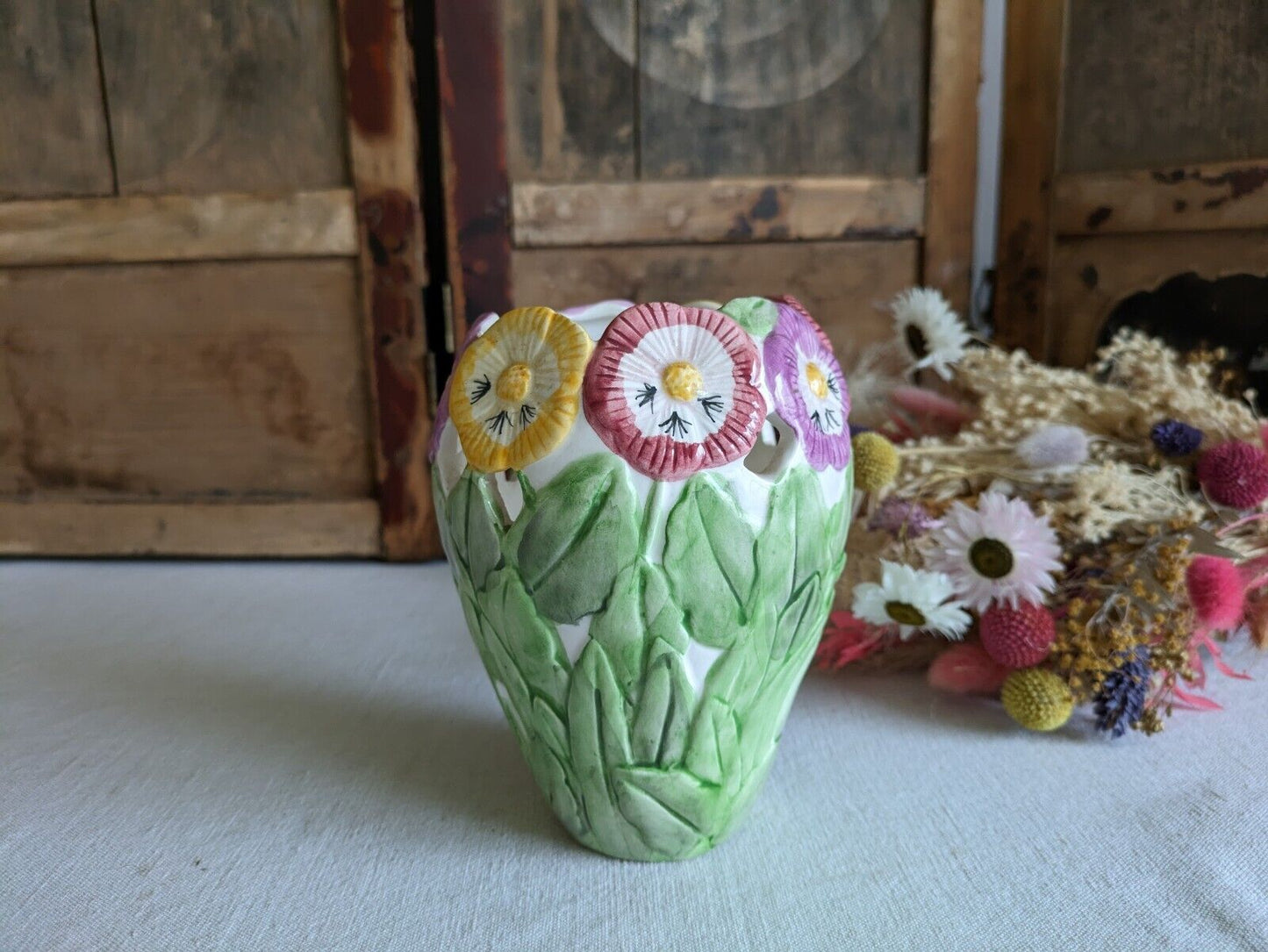 Vintage Floral Vase Floral Pansy Vase Retro Boho Colourful Mantle Western House