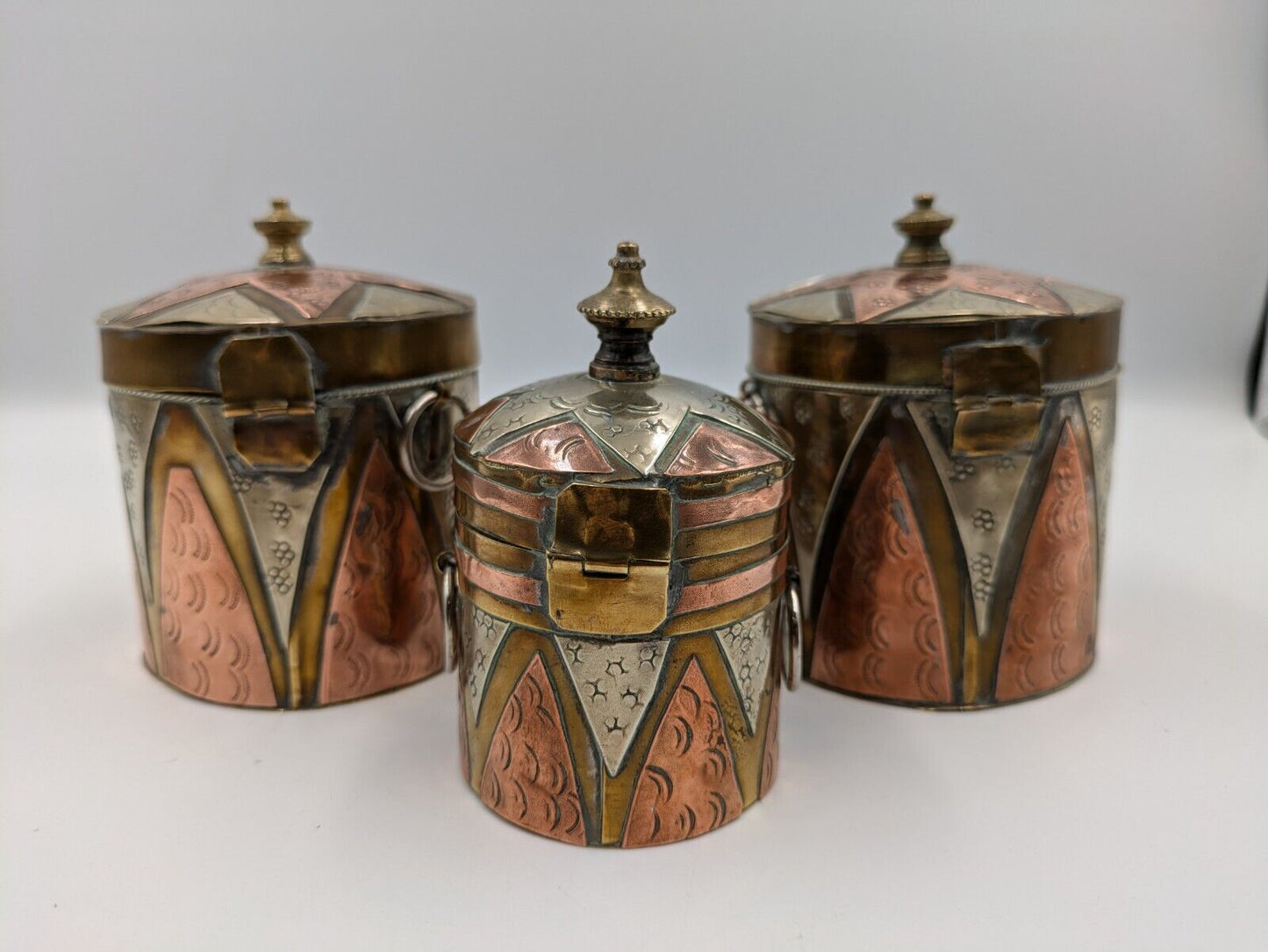 SET OF 3 VTG ISLAMIC PERSIAN COPPER BRASS MIXED METALS SNUFF HANGING BOX GIFT