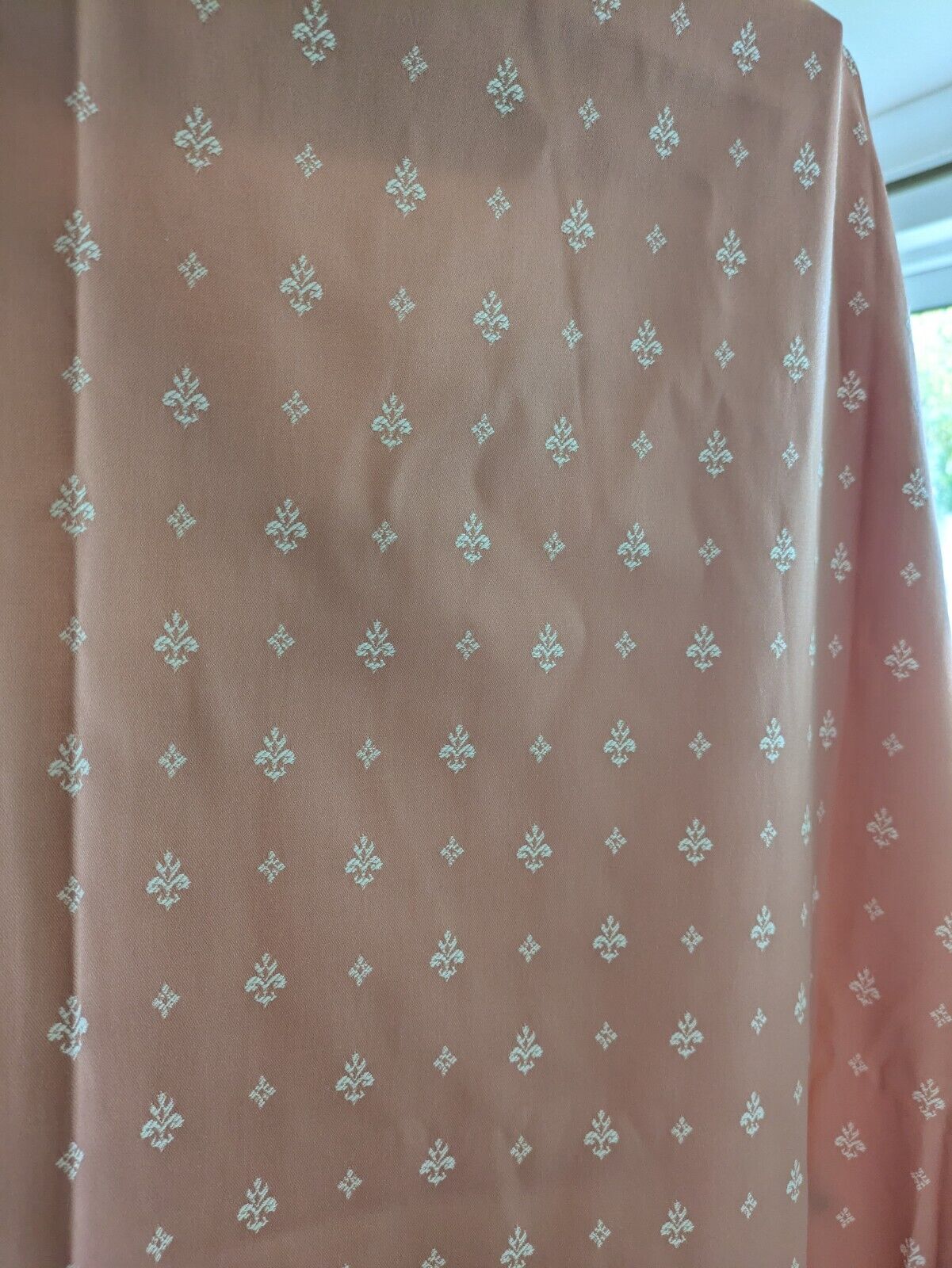 Pair Vintage Pink 80s Shabby Chic Salmon Fleur De Lys Curtains VTG Style Pretty