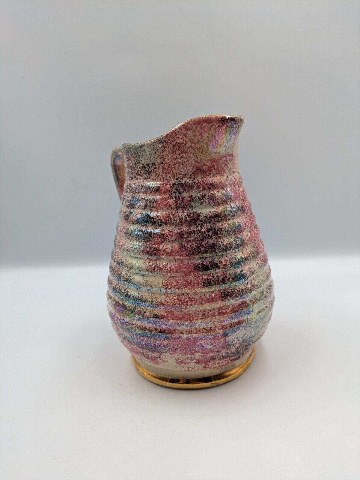 Large Vtg Mottled Pink and Pearl Lustre Ribbed Jug Govancroft Stoneware Glasgow
