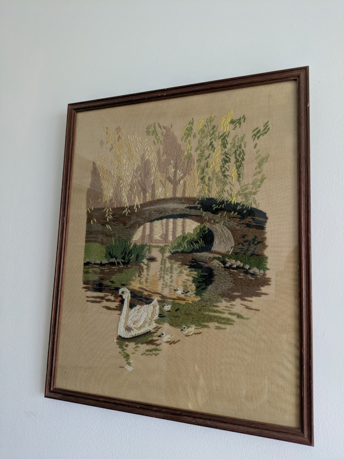 Vintage Needlework Crewel Stitchwork Crochet Swan Signets River Picture English