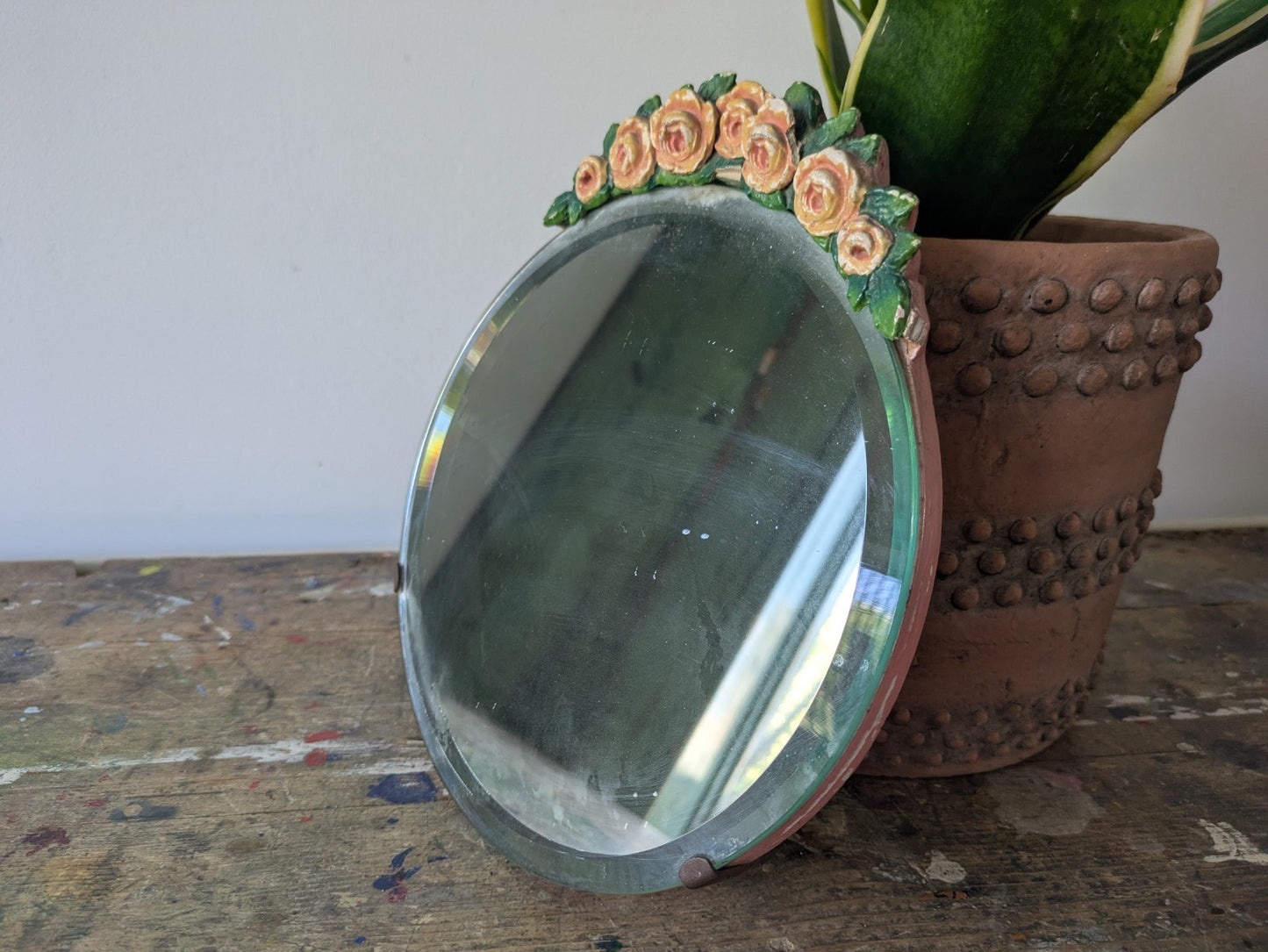 Vintage Barbola Mirror Circa 20s 1930s art deco floral antique Round bevel edge