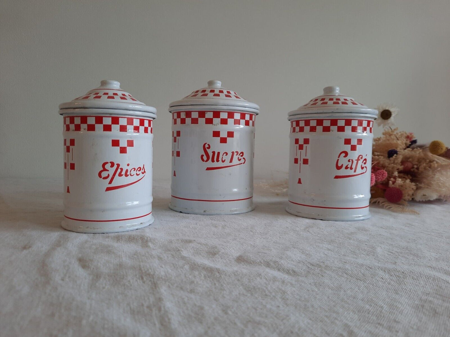 Vintage French Enamel Canisters Set-Red White Check Tins Jars Antique 20s 30s
