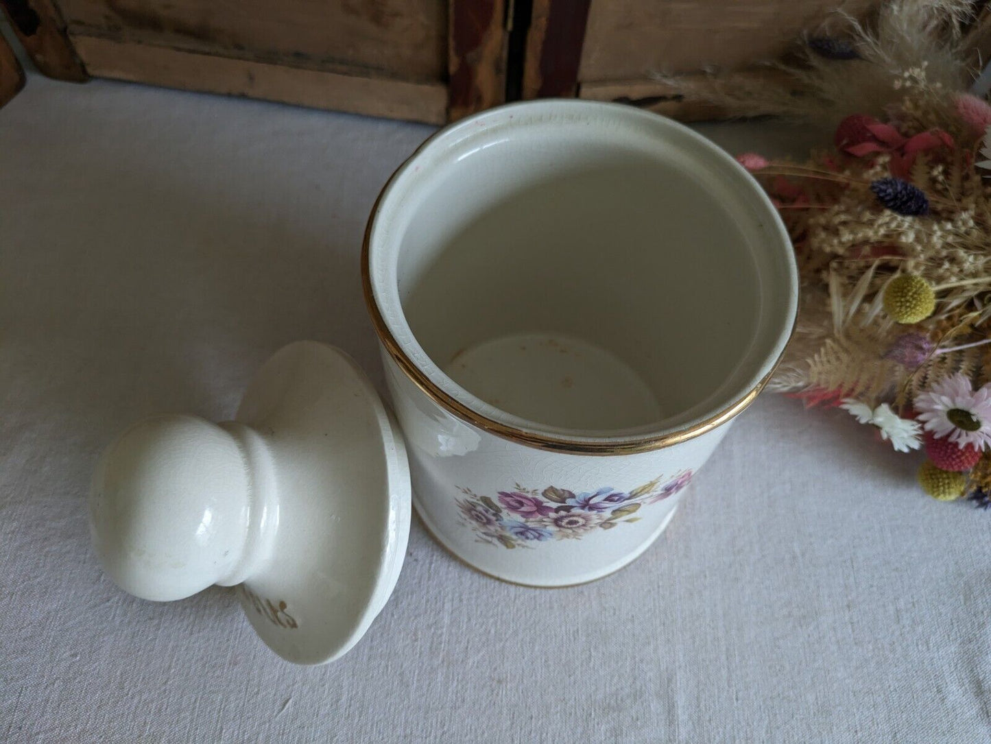 LARGE VINTAGE CERAMIC LID POT BATH SALTS PRICE KENSINGTON FLORAL JAR CONTAINER