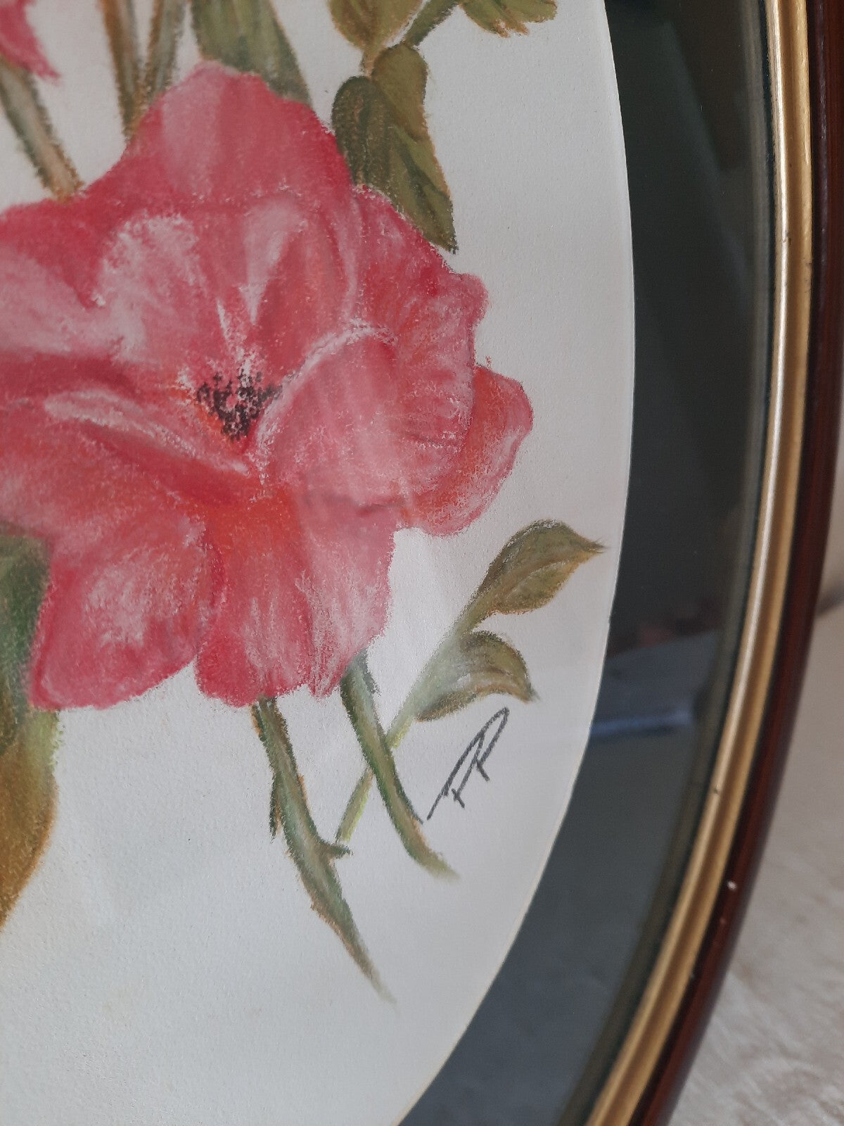 Vintage original oil Pastel painting Oval frame bouquet botanical old Red Rose