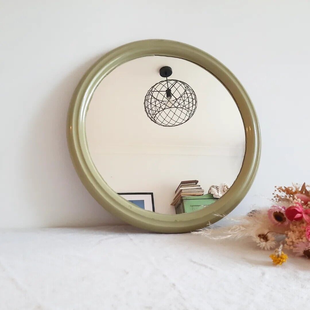 RETRO MID CENTURY DUTCH 'TIGER' ROUND MIRROR GREEN KITSCH ORIGINAL WALL PROP OLD