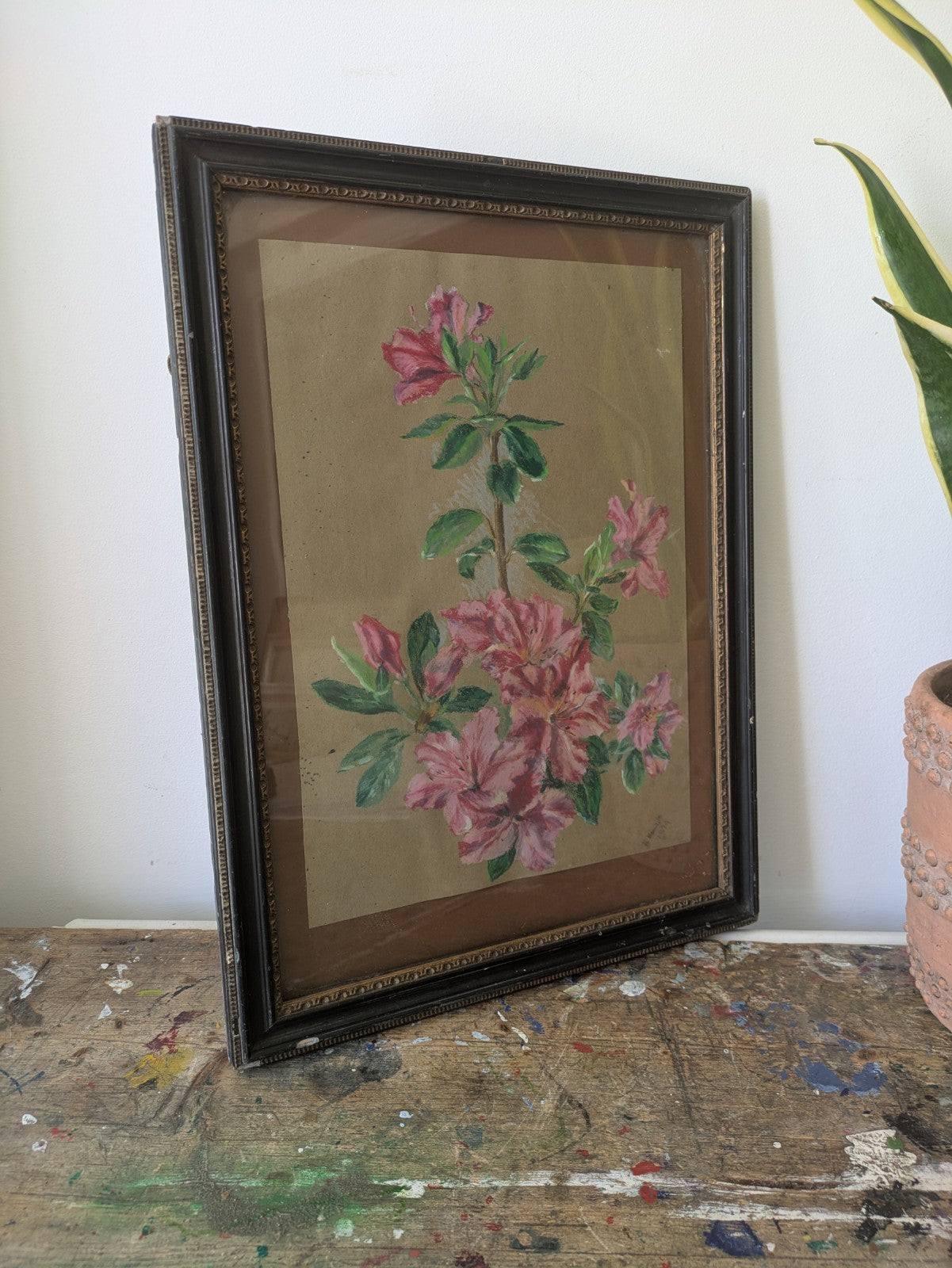 Original Antique Framed Oil Pastel Painting Floral Bouquet Flower Still Life 70s