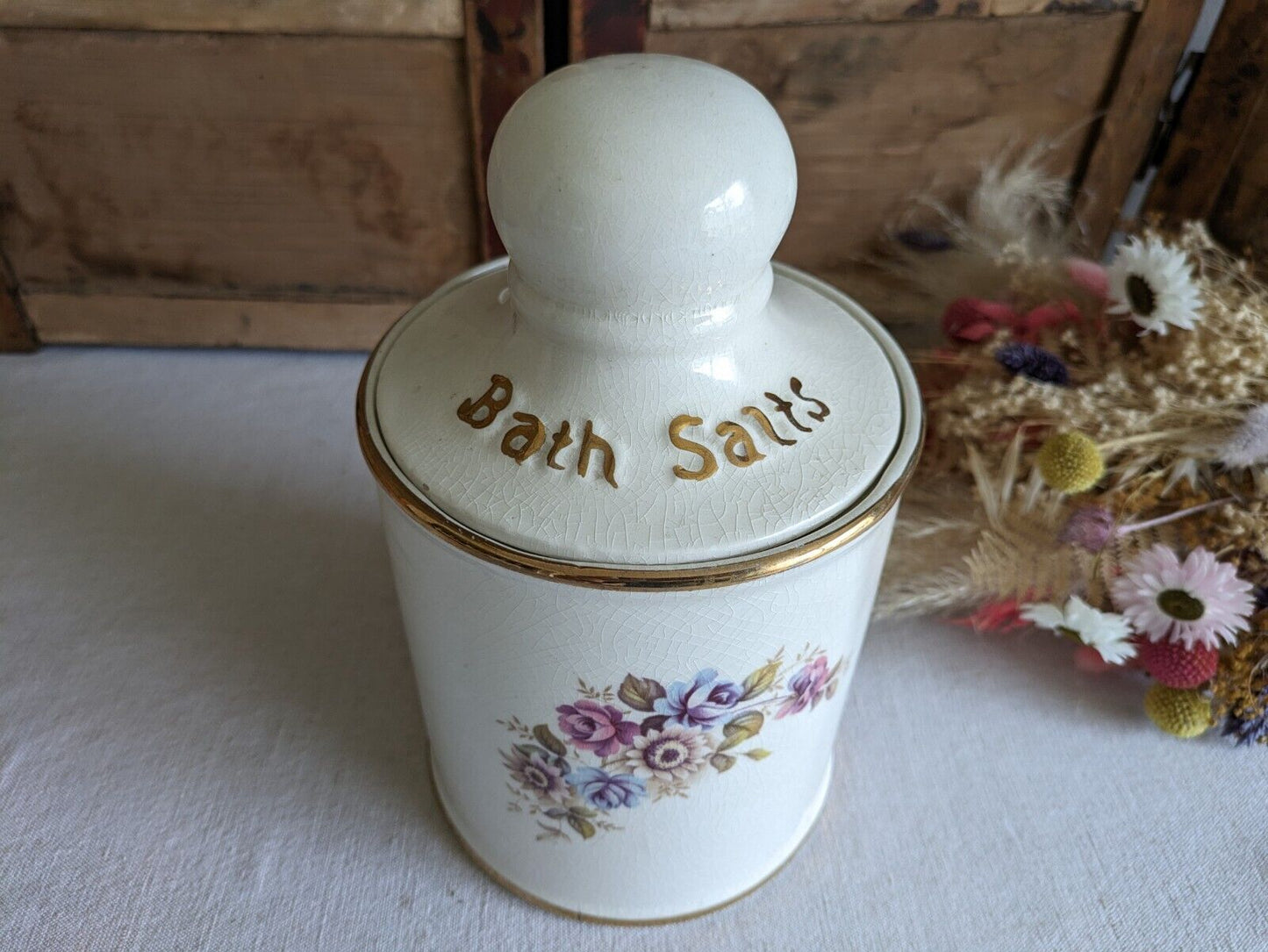 LARGE VINTAGE CERAMIC LID POT BATH SALTS PRICE KENSINGTON FLORAL JAR CONTAINER