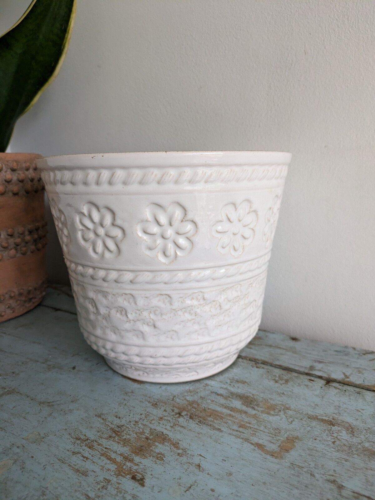 XL Mid Century West German Plant Pot Bay Keramik White Brown Floral Pattern Vtg