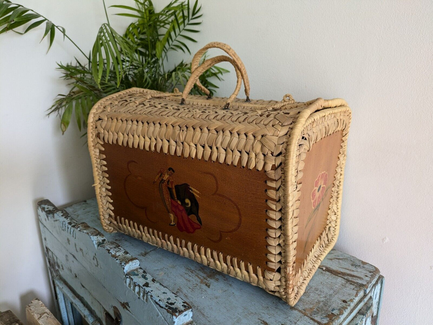 Vintage 1960s Spanish Tote Bag mid Century Wicker and Wood Hand Painted Floral