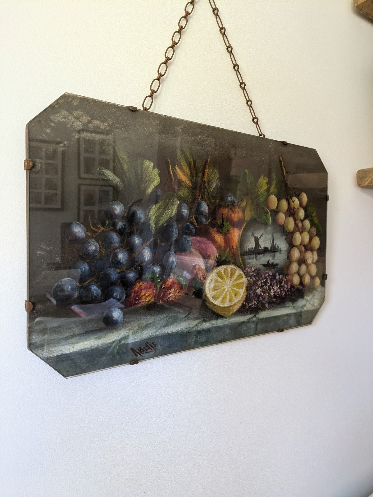 Abells Signed Still Life Oil Fruit Grapes Frameless 1920s Painting Dutch Glass