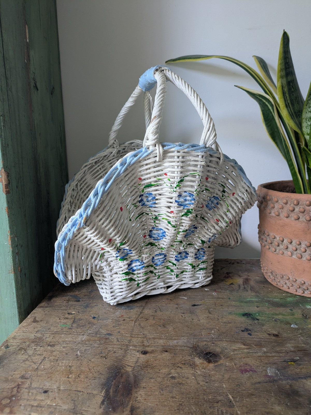 Vintage Shell Shaped Basket White Hand painted Flowers Blue White Prop Wicker
