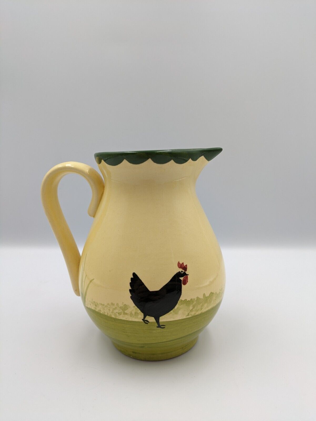 COCKS & HENS VINTAGE ZELLER FAYENCERIE HAND PAINTED GERMAN POTTERY MILK JUG VASE