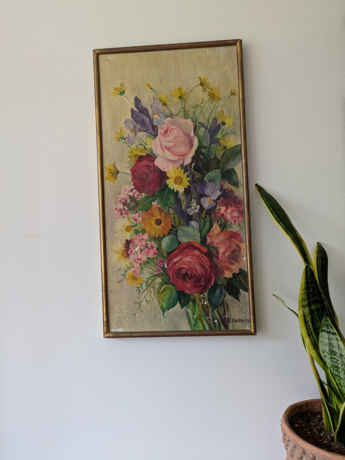 Antique Oil Painting Floral Bouquet Picture framed vintage Still Life On Canvas