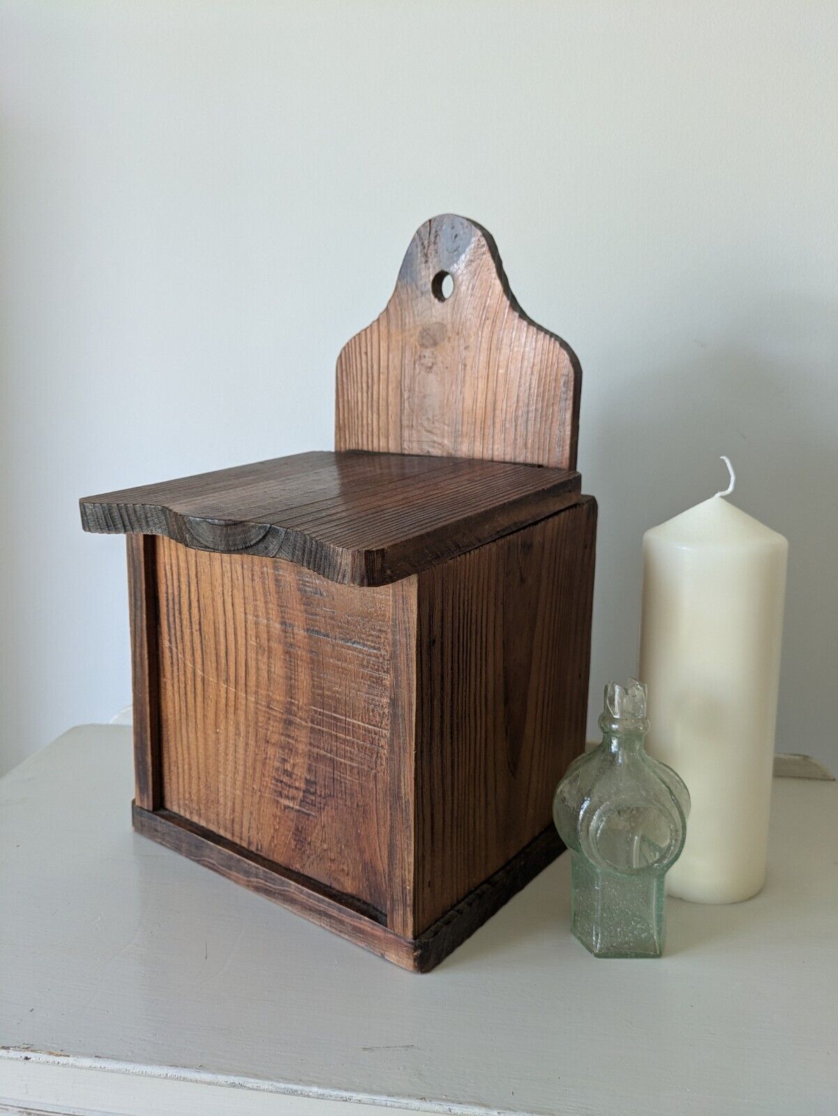 Antique Vintage Pine Candle Salt Box wall sconce keys Gothic original old shelf.