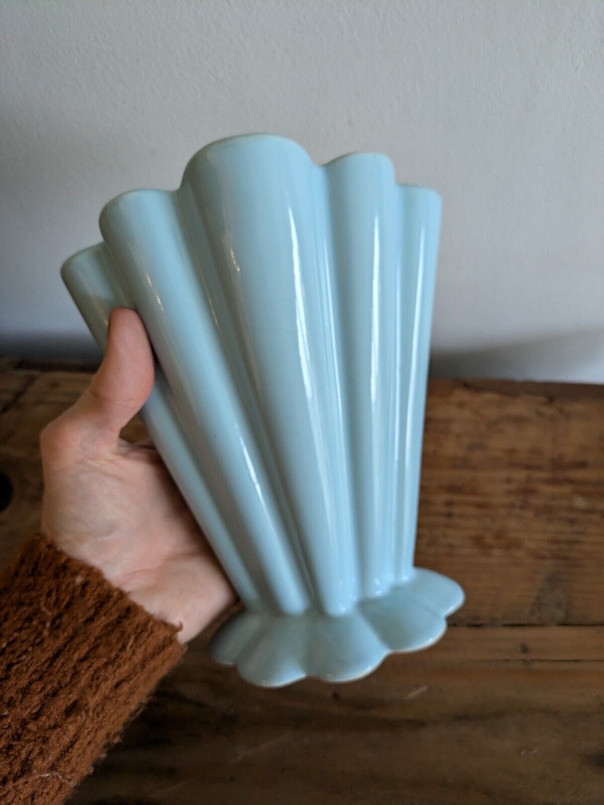 Vintage Candlelight England Blue Art Deco Vase Kingston Pottery Fan Mantle Retro