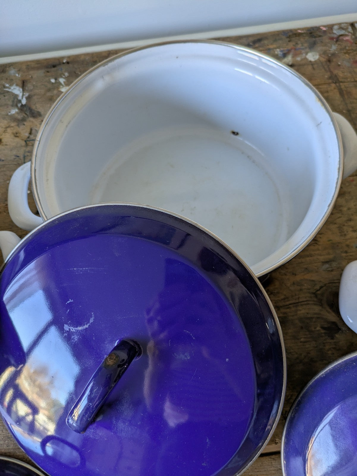 3x Vtg 70s Blue Taunton Vale Floral Saucepan Casserole Dish Pans Enamel Retro